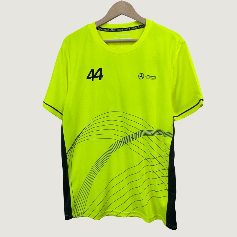Mercedes AMG Petronas F1 Lewis Hamilton 44 Tee Large Neon Yellow Racing Sport